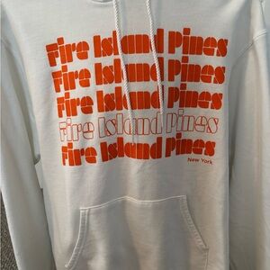 White Fire Island Pines Hoodie with Orange Text